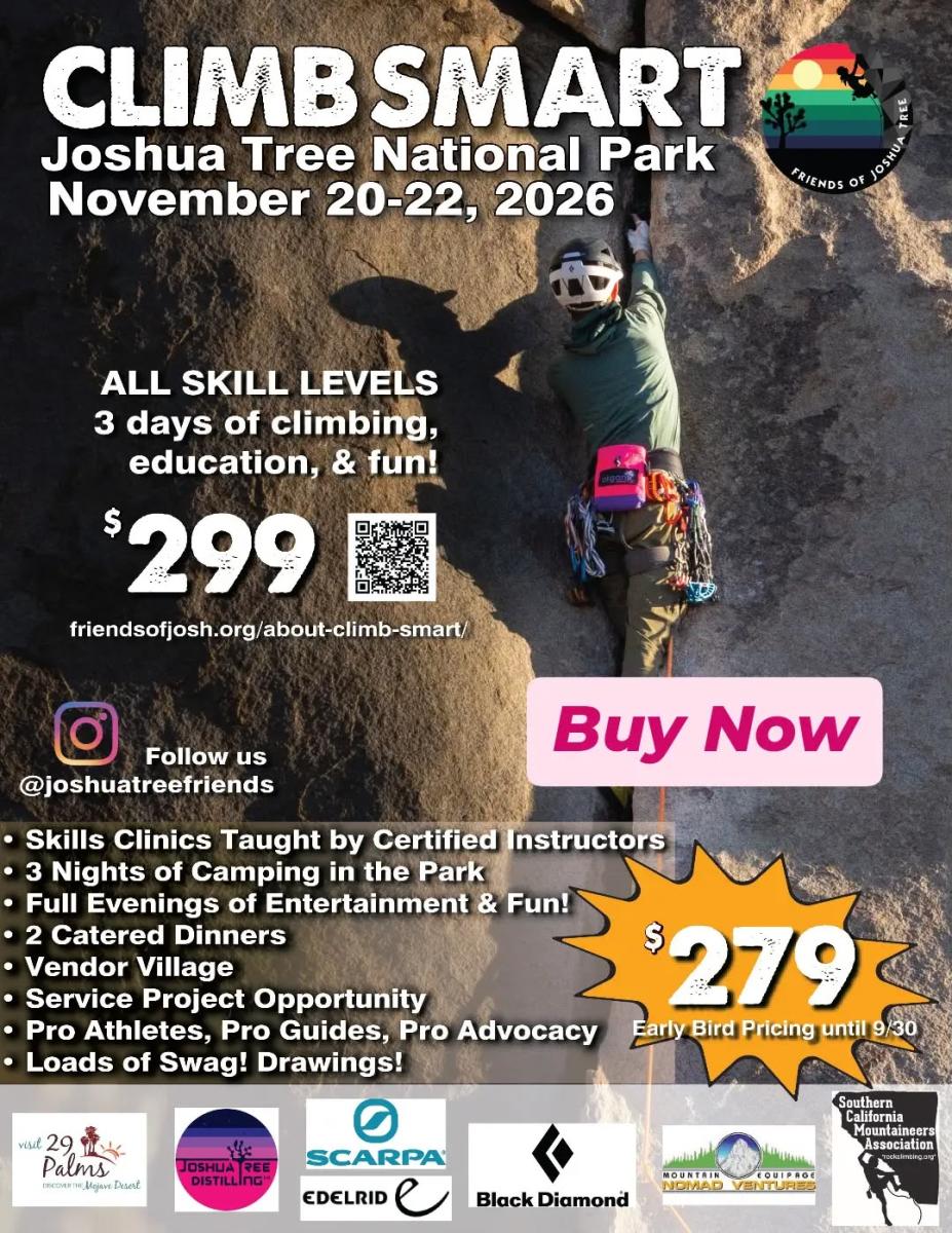 Climb Smart event poster featuring a rock climber in Joshua Tree National Park, promoting three days of climbing clinics, camping, and entertainment for all skill levels, November 20–22, 2026.