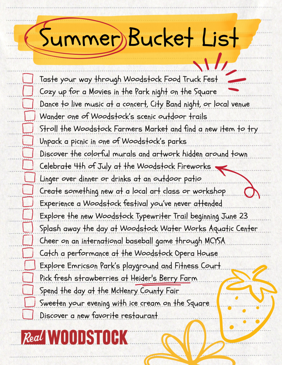 Notepaper sheet entitled Summer Bucket List with red boxes next to a list of summer items to complete for fun in Woodstock, IL.