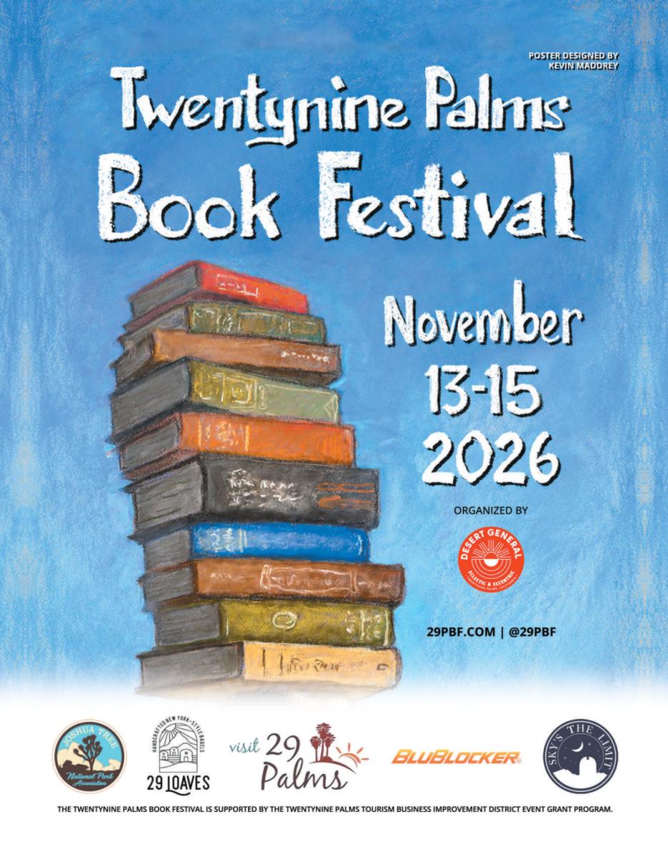 Twentynine Palms Book Festival poster featuring a colorful stack of books against a blue background, announcing November 13–15, 2026.