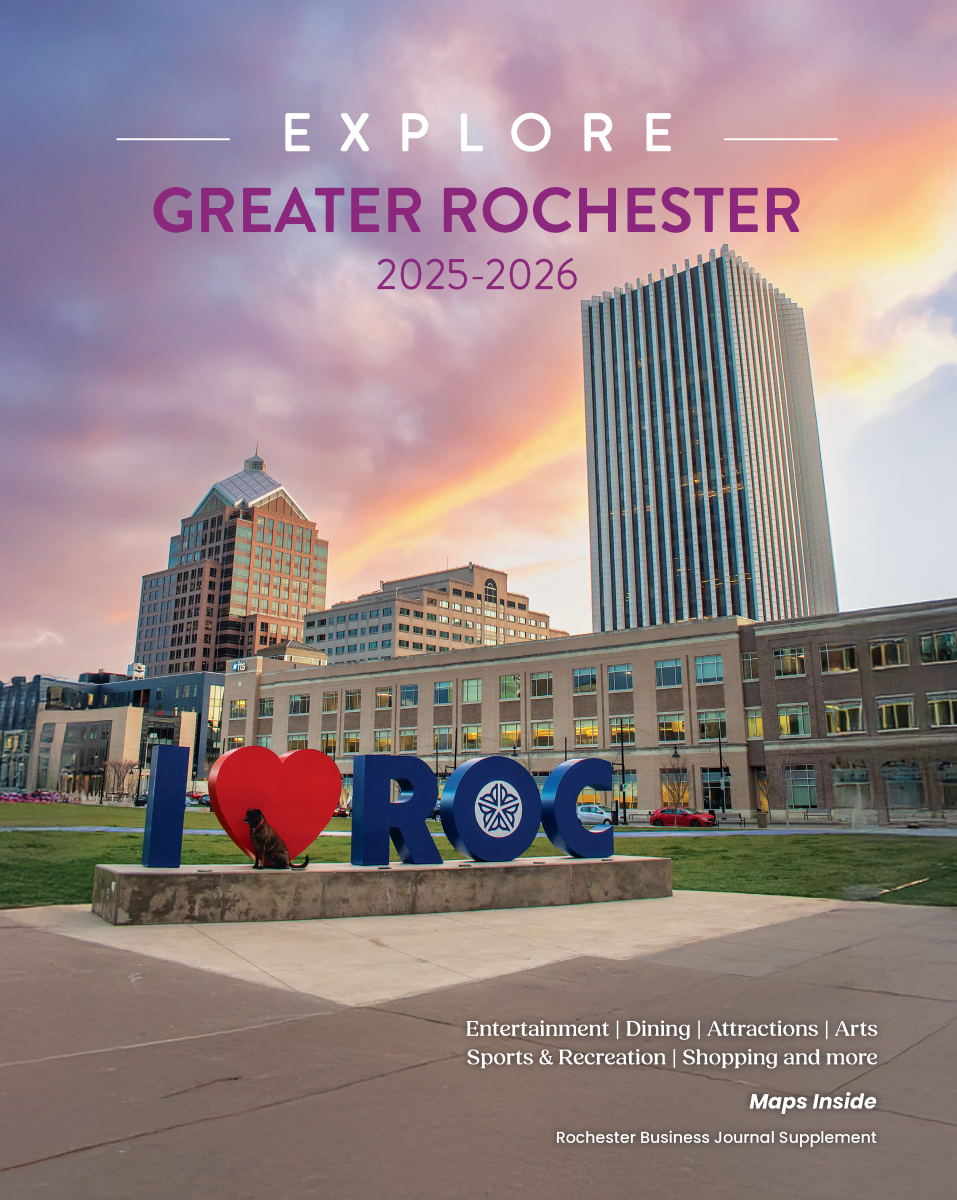 Cover of Visit Rochester Explore Greater Rochester Magazine featuring downtown cityscape and
