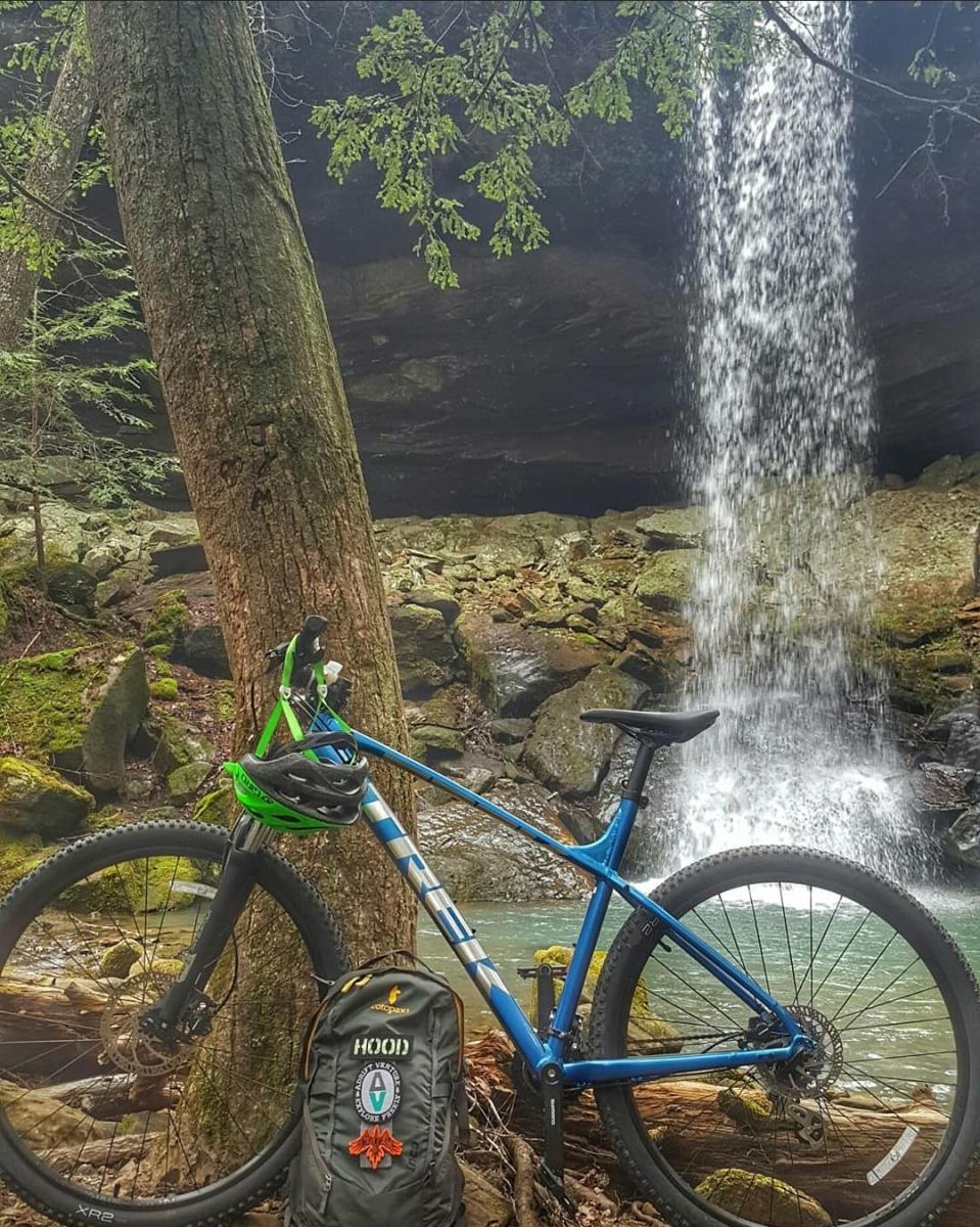 mountain bike near waterfall in North Alabama 