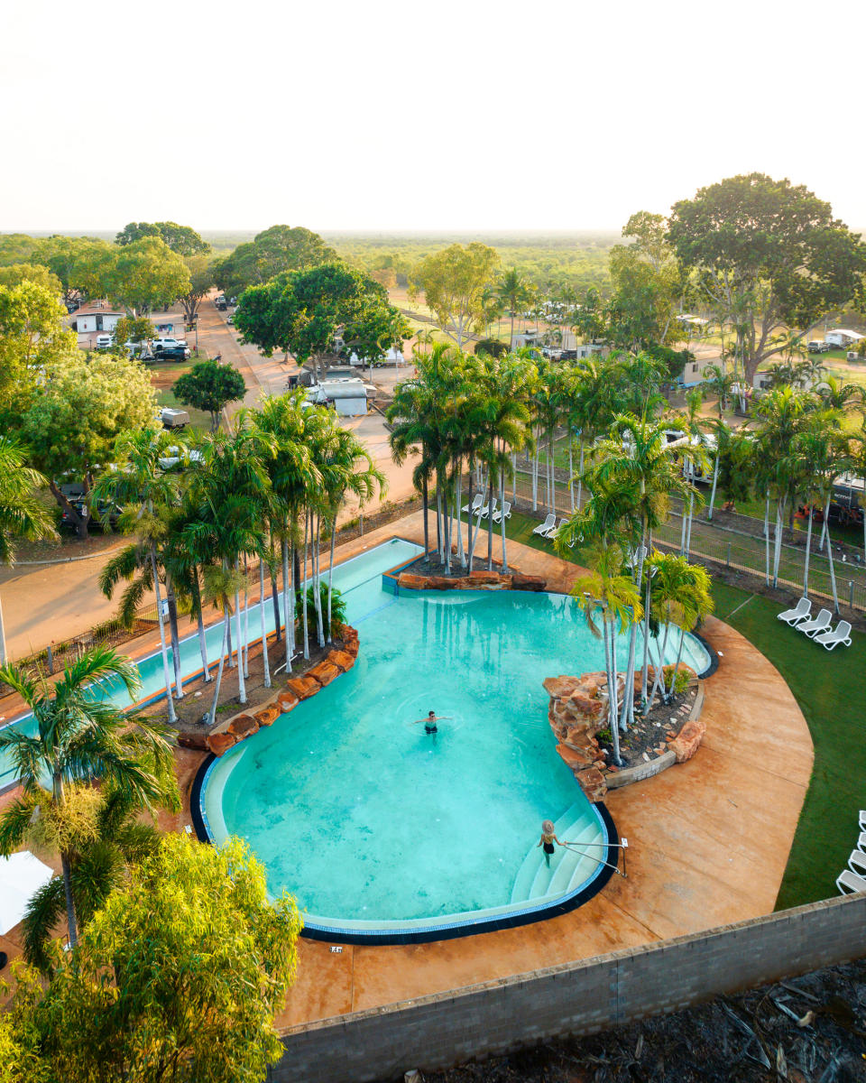 Aerial view of swimming pool area at Broome Caravan Park