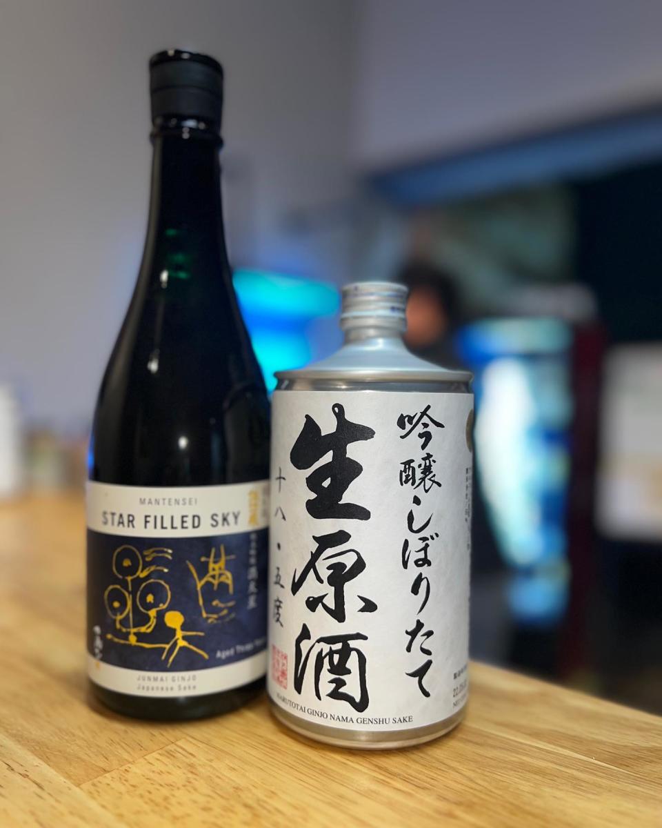 Image is of a bottle of sake and Japanese beer.