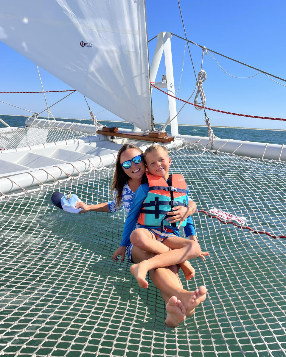 Mom and son on a Catamaran