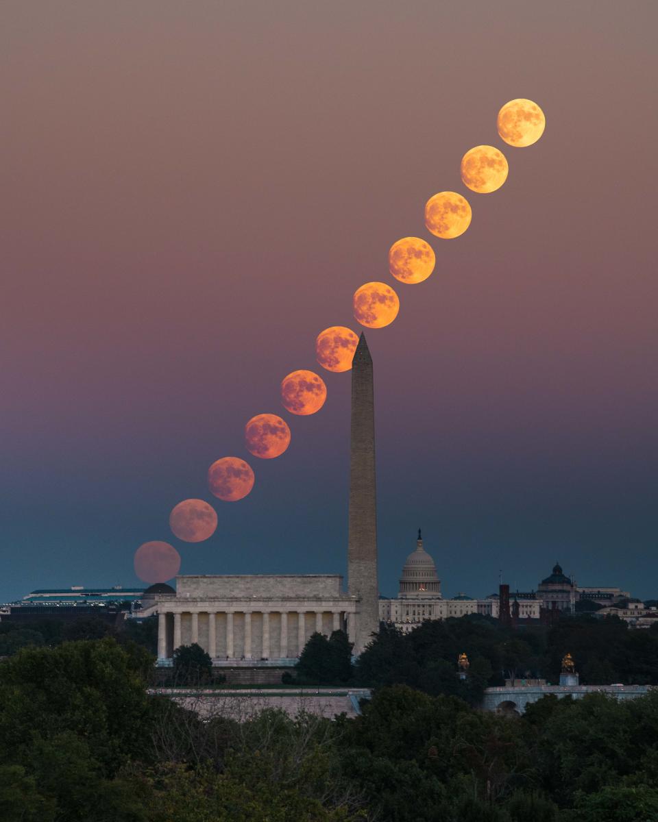 Moon phases timelapse over Lincoln Memorial and Washington Monument in Washington DC