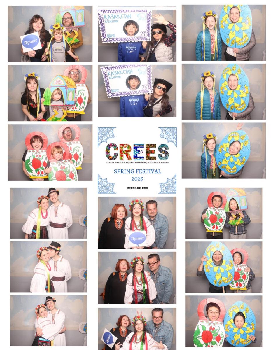 Photo showcases numerous individual photos of people posing with Eastern European props for the CREES Spring Festival at Liberty Hall.