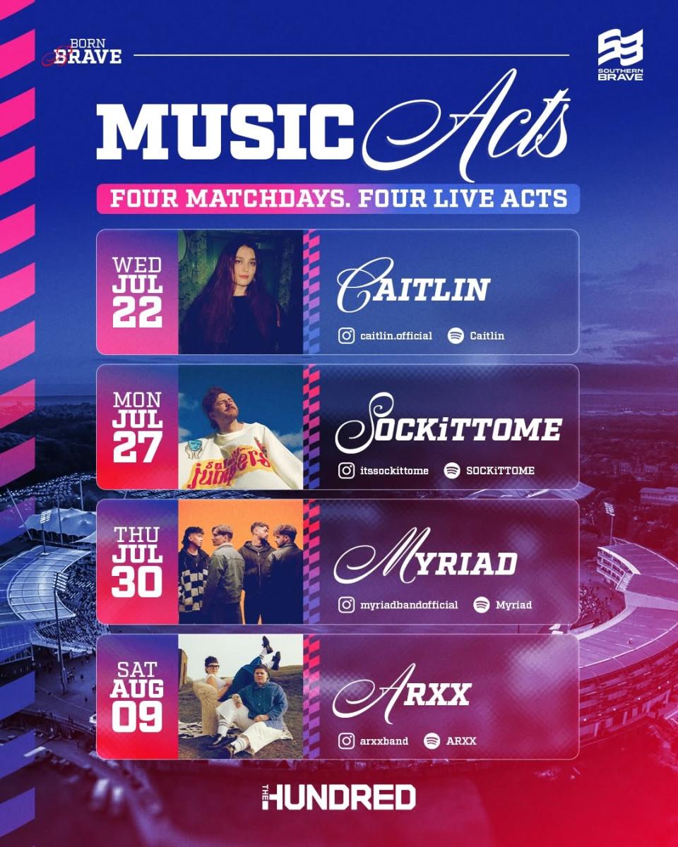 Music Acts performing at The Hundred, Utilita Bowl fixtures including caitlin, Sokittome, Myriad and Arxx