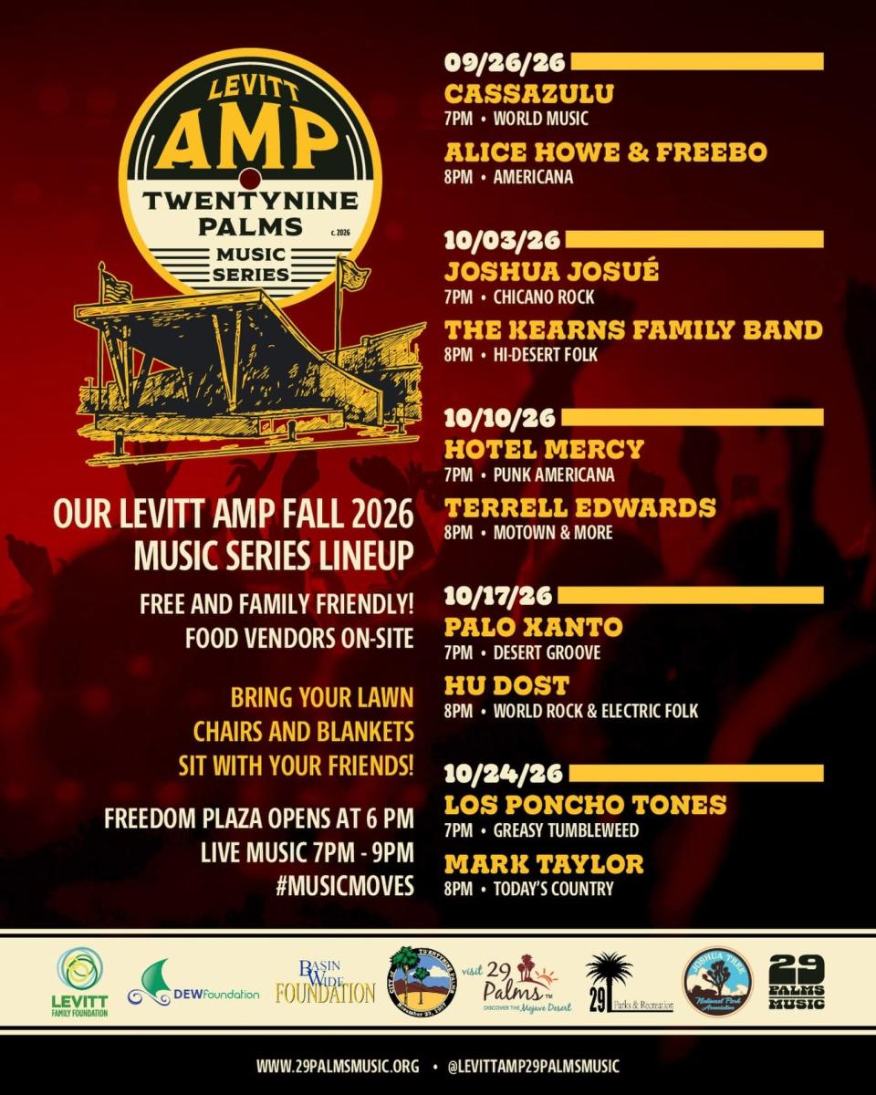 Levitt AMP Twentynine Palms Music Series Fall 2026 lineup graphic featuring five free, family-friendly Saturday concerts at Freedom Plaza from September 26 through October 24, with CASSAZULU, Alice Howe & Freebo, Joshua Josué, The Kearns Family Band, Hotel Mercy, Terrell Edwards, Palo Xanto, HuDost, Los Poncho Tones, and Mark Taylor.