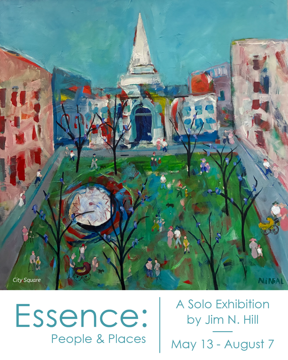 A flyer for the The Woodlands Arts Council Summer 2025 Exhibit. The top 2/3 of the flyer depict a colorful, textured painting titled, "City Square." It appears to include square park with skinny leafless trees and people scattered about (men, women, children, couples, families). There may be a fountain on the left. Surrounding the park are various office-like buildings with a church or town hall in the center. The lower third of the flyer reads in large teal text, "Essence: People & Places | A Solo Exhibition by Jim N. Hill | May 13 - August 7."