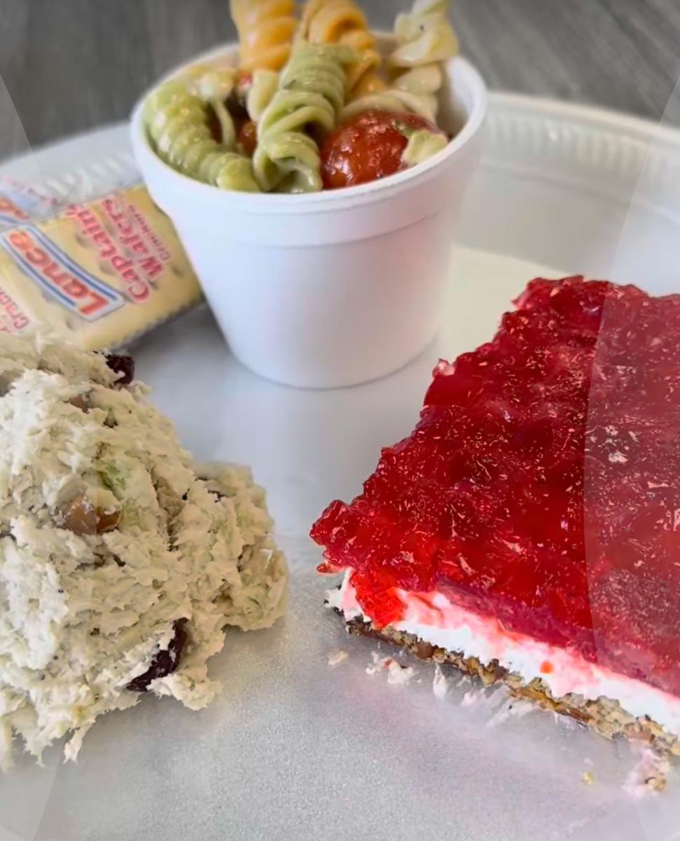 strawberry pretzel salad at Let's Do Lunch