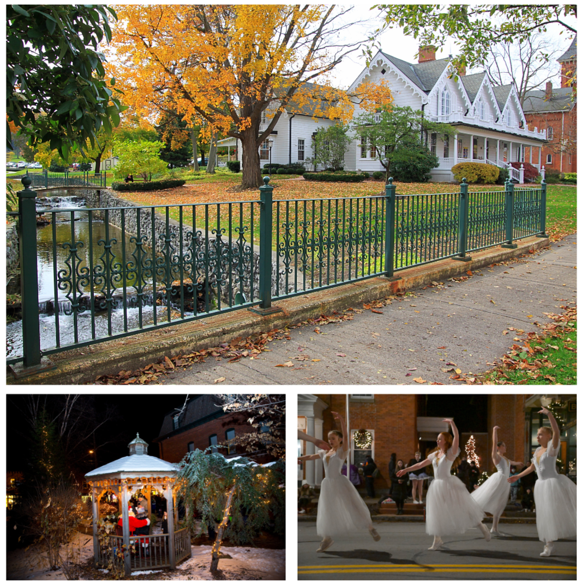 Scenes from Clifton Springs, NY including a fall stroll along the creek, a winter gazebo and dancers in the street dancing the Nutcracker.