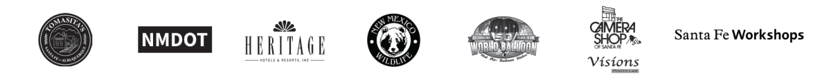 Row of black‑and‑white logos including Tomasita’s, NMDOT, Heritage Hotels & Resorts, New Mexico Wildlife, World Balloon, The Camera Shop of Santa Fe, Visions Photo Lab, and Santa Fe Workshops.
