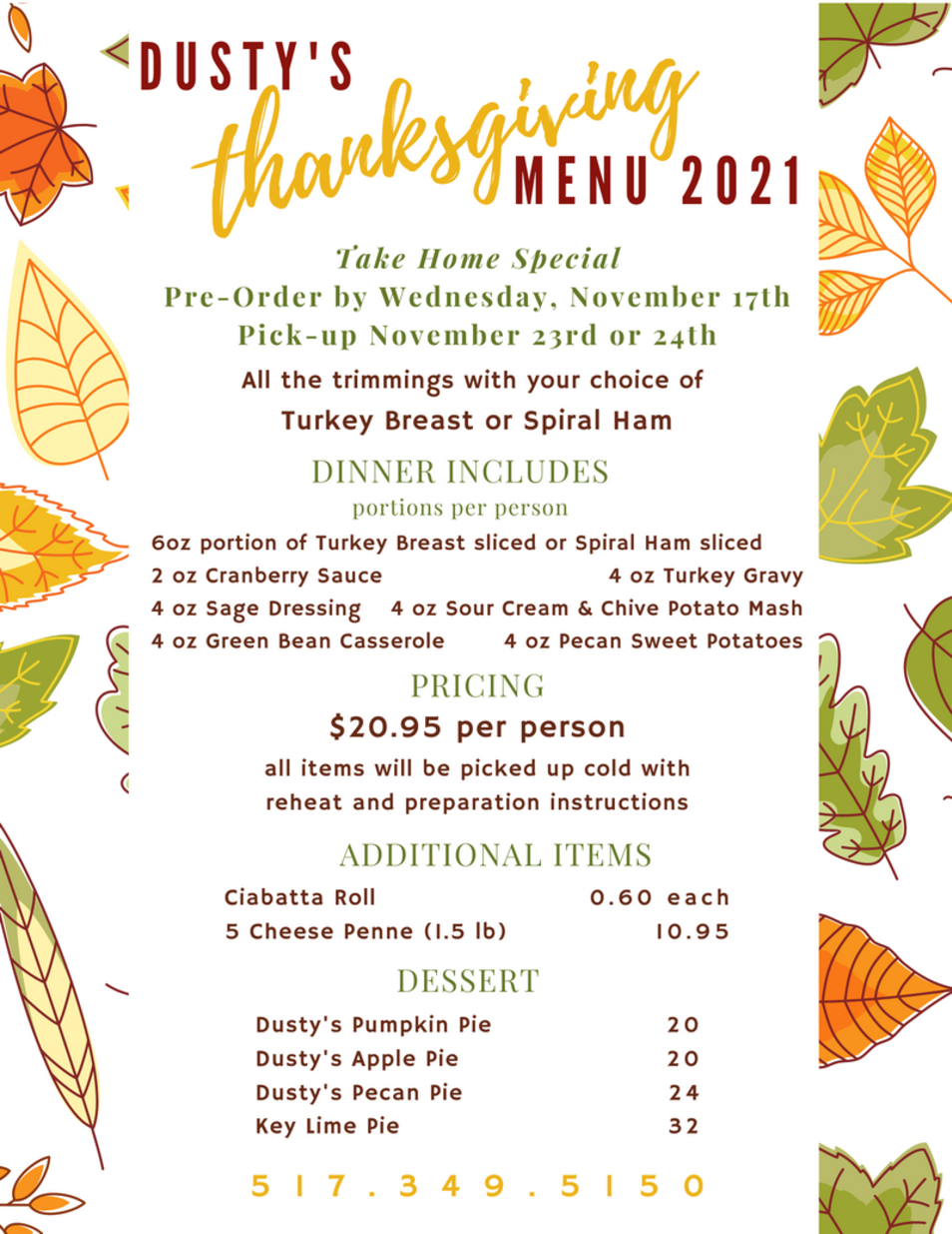 Dusty's Tap Room Thanksgiving 2021