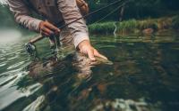 A person leans down with a fishing pole in one hand and a fish under the water in the other hand.