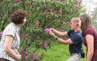 Naturalist Gabe Taylor and participants study the single flower of a Catawba rhododendron cluster