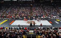 Columbus Fury volleyball court inside Nationwide Arena. Two teams prepare for the match
