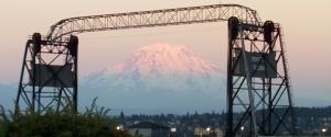 Murray Morgan Bridge in Tacoma, Washington, with Mount Rainier in the background