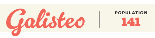 Graphic banner reading 'Small Towns: Galisteo, Population 141' in coral pink and black lettering.