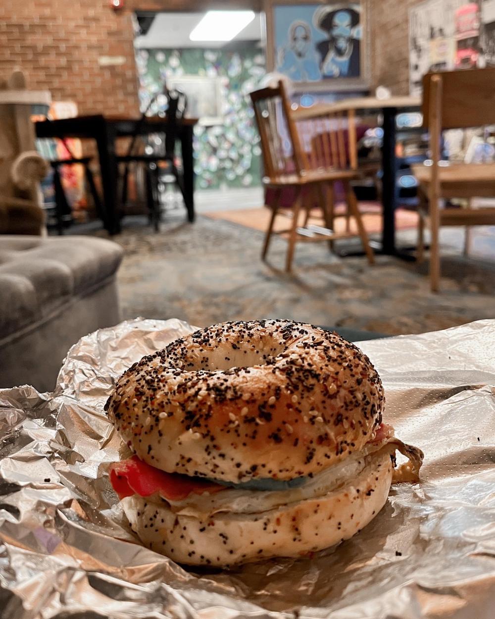 A bagel sandwich inside Davey's Bagels