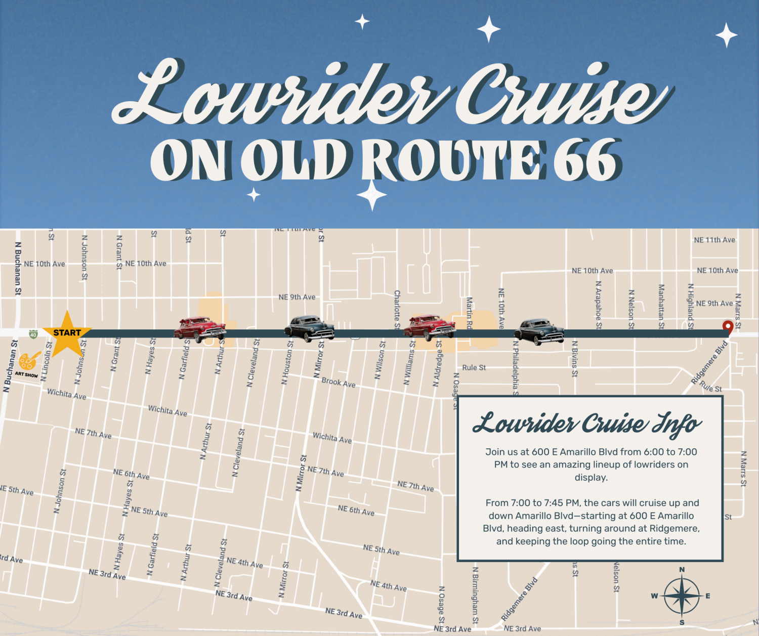 Map and promotional graphic for the Lowrider Cruise on Old Route 66 in Amarillo, Texas. The route begins at 600 E Amarillo Blvd and travels east to Ridgemere Street, with cars cruising back and forth between these points. Illustration includes lowrider cars spaced along the route, star icons marking the start and art show location, and event details stating the cruise begins at 6:00 PM with the moving loop from 7:00 to 7:45 PM. Background features a vintage-style design with stars and bold white lettering.