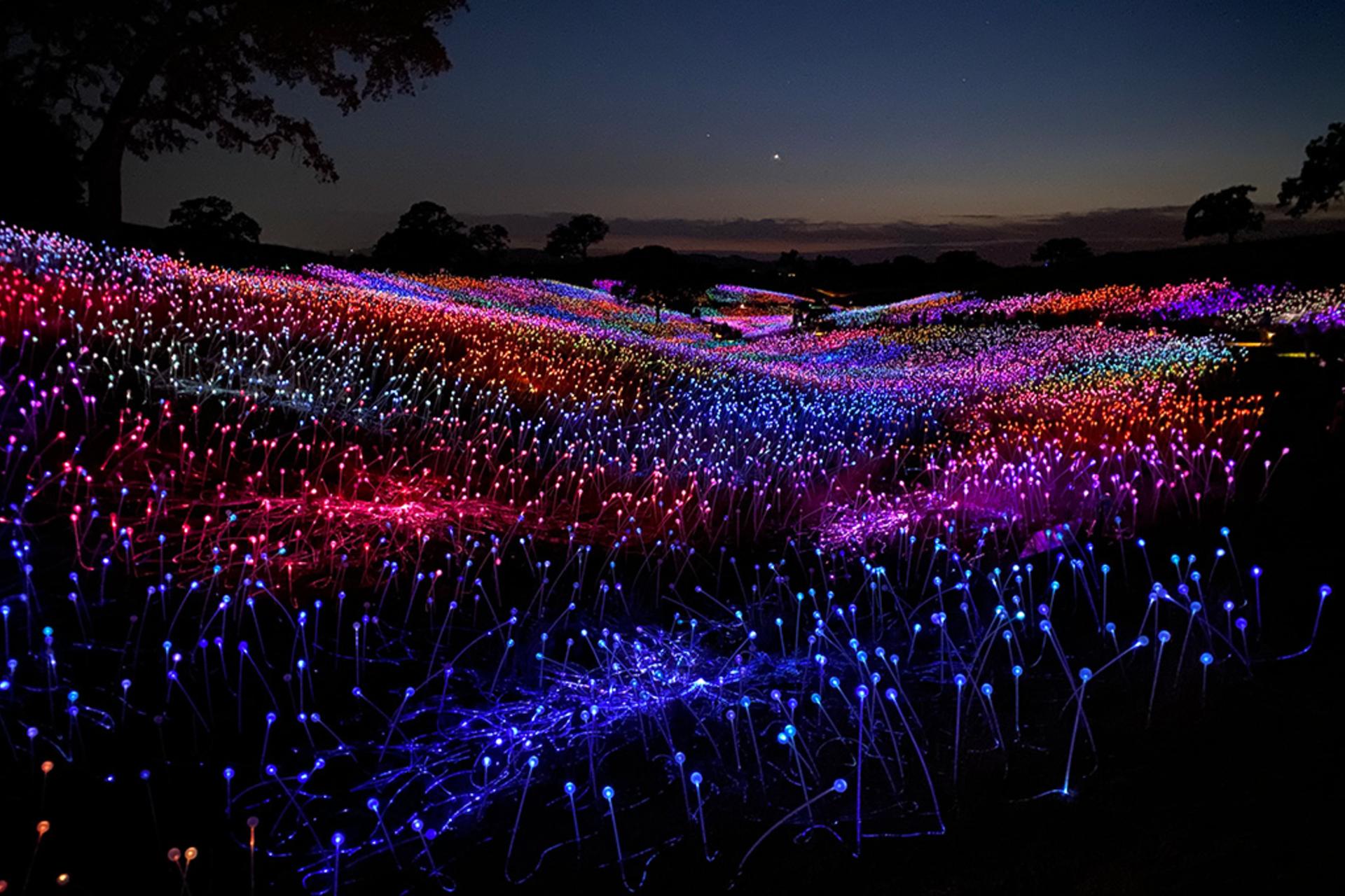 Colorful lights cover hill at dusk