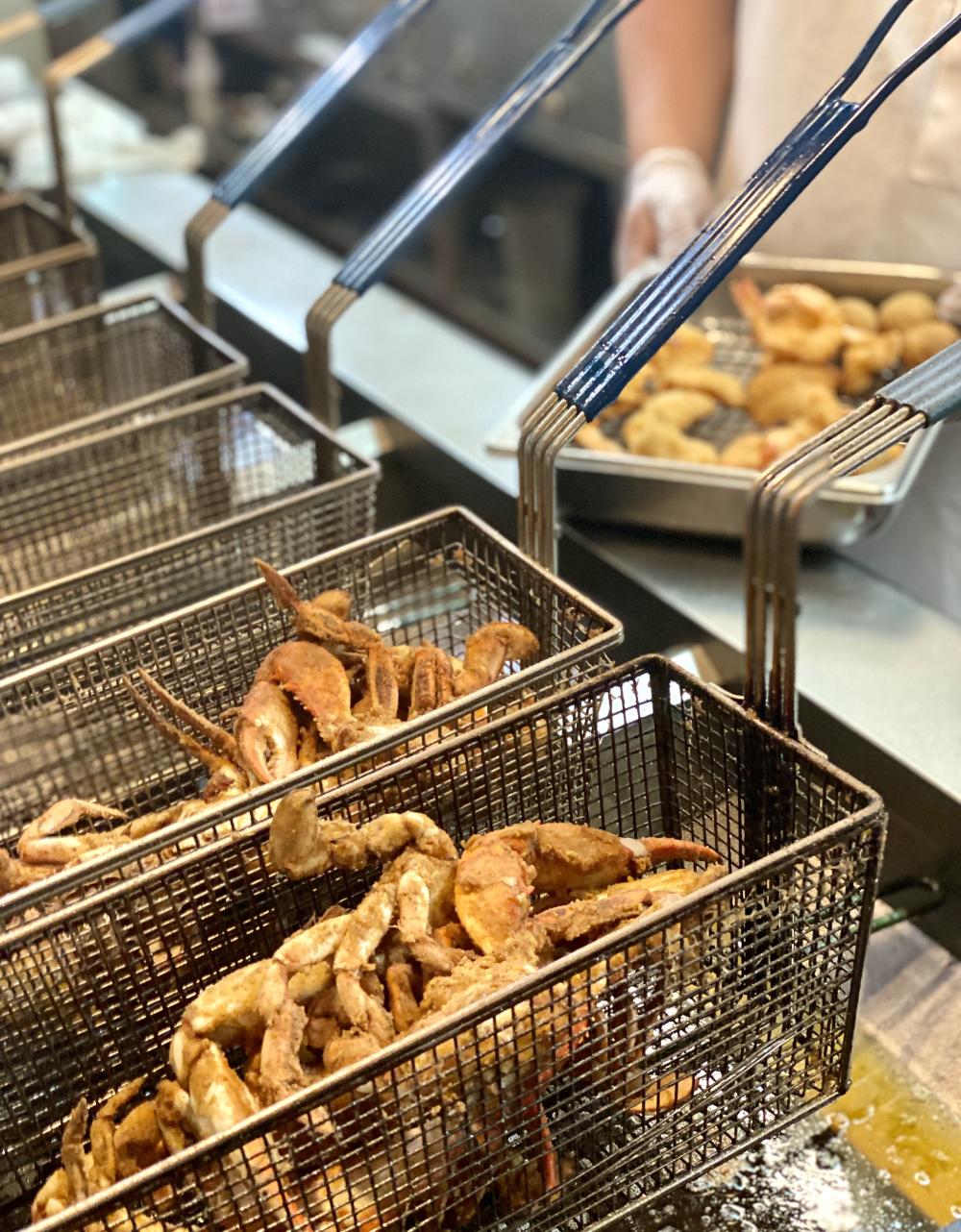 Crab legs in the fryer at The Schooner