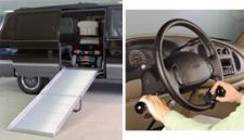 Two images of vehicles equipped for people with disabilities, including a ramp and hand controls.