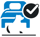An icon depicting pet-friendly places to stay - showing a hotel bed with a dog at the foot of the bed and a checkmark