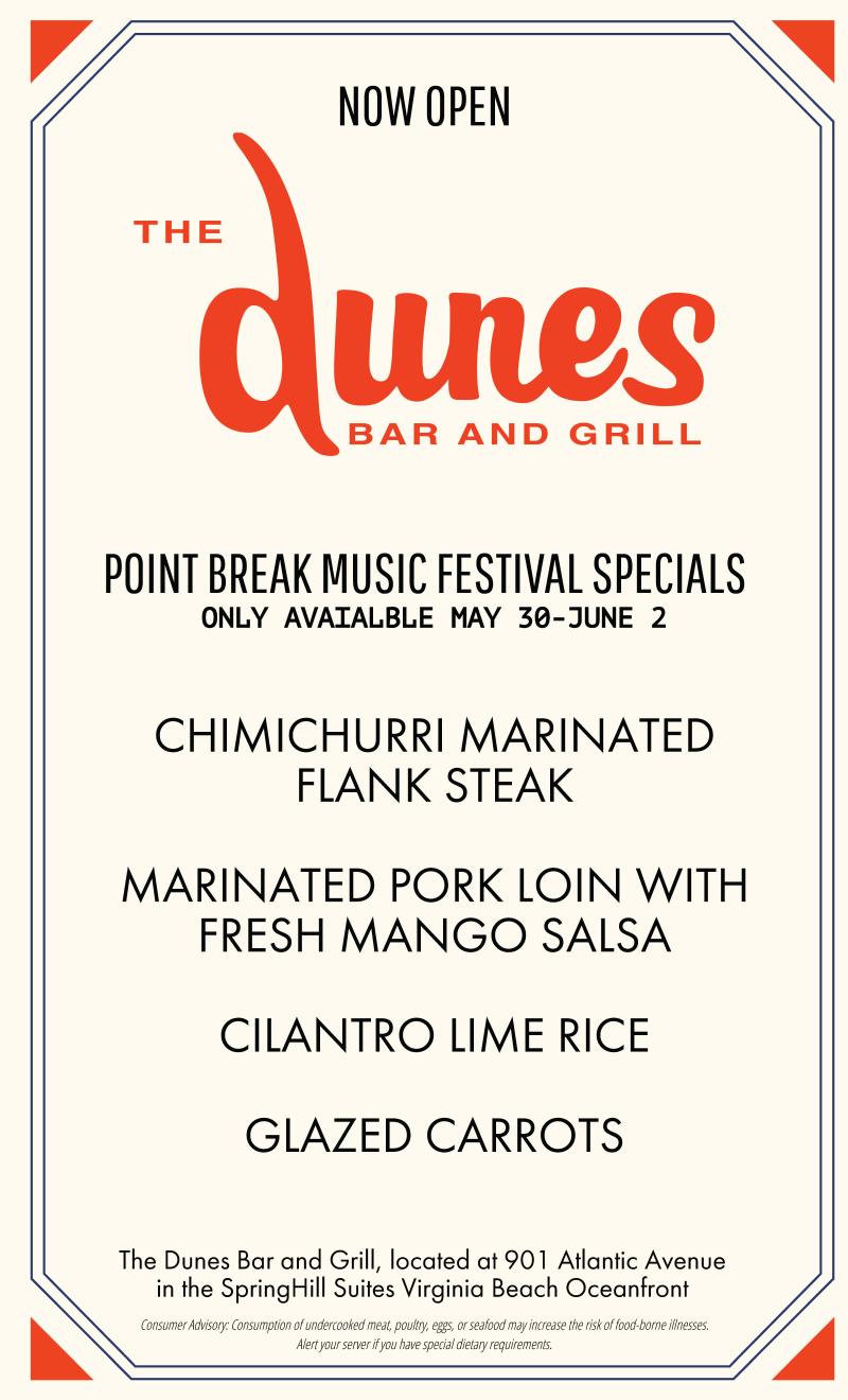 poster for restaurant specials at The Dunes Bar