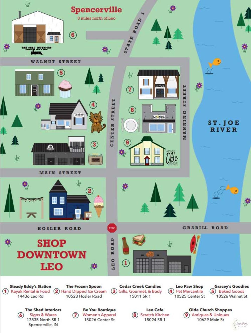 A colorful, Illustrated map of local boutiques and restaurants in Leo, IN.