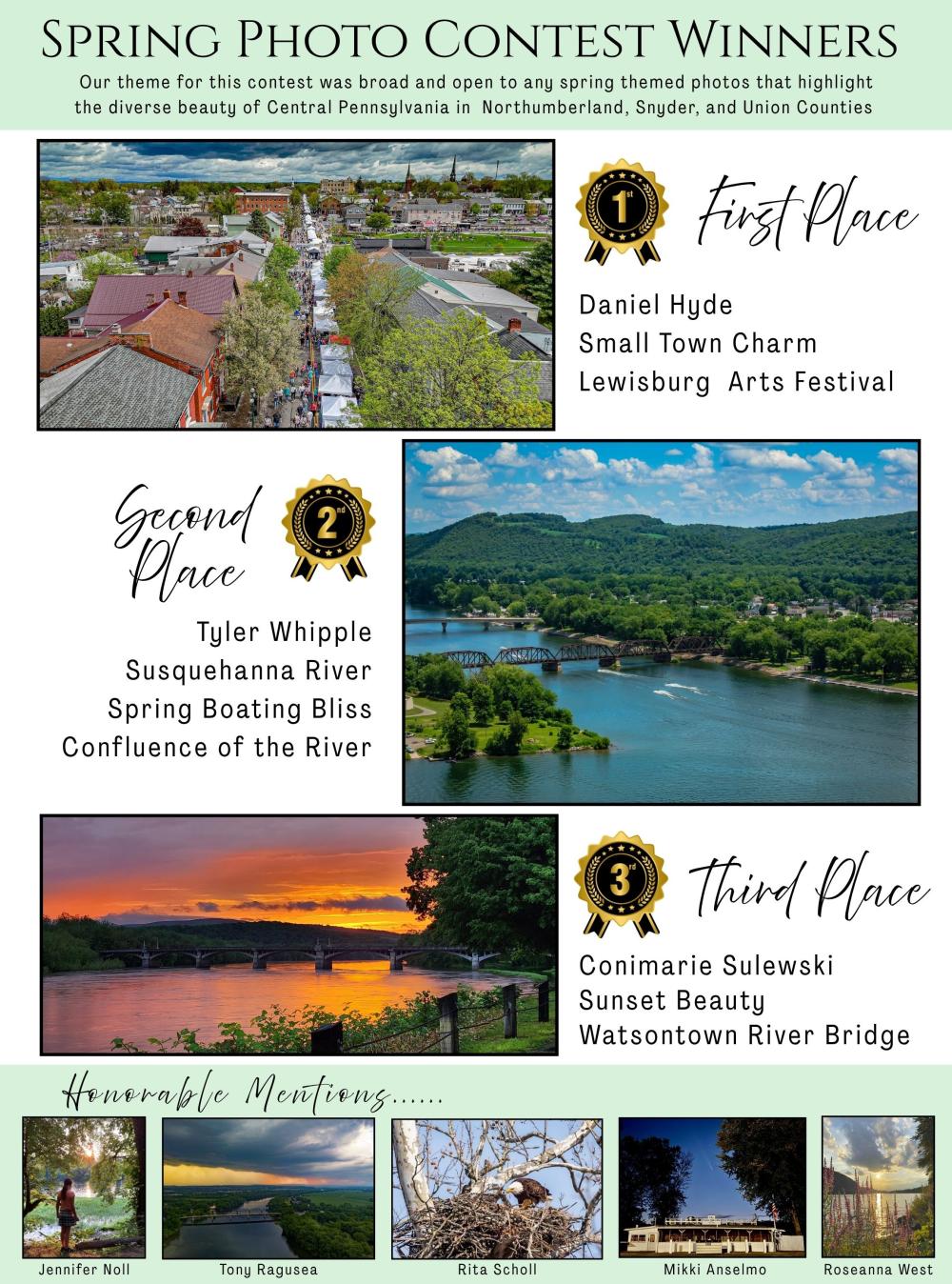 Picture of Poster announcing the Spring 2025 Context Winners. 1st, 2nd, and 3rd place winners of shown as well as the 5 honorable mentions.