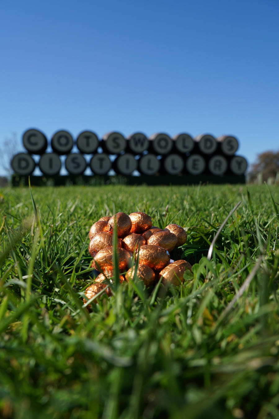 Some golden-foil covered chocolate eggs lie in the grass with the name Cotswolds Distillery written on barrels in the background