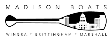 Madison Boats logo. A graphic image of a paddle with the Madison skyline in the flat part of the paddle. Above the image reads Madison Boats and below the image reads Wingra, Brittingham and Marshall