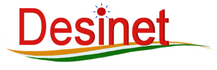 Logo for Desinet in red text with a sun