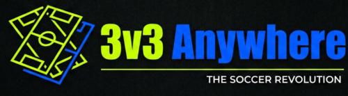 Black rectangle-shaped logo of 3v3 Anywhere, The Soccer Revolution