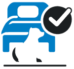 An icon depicting pet-friendly places to stay -  showing a hotel bed with a dog at the foot of the bed and a checkmark
