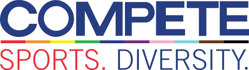 Compete Sports Network logo reading COMPETE on the first line, then SPORTS and DIVERSITY on the second, with a rainbow gradient line dividing the lines.