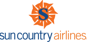 Suncountry Airlines logo: blue and orange text beneath an stylized orange sun with a blue "S" in the middle