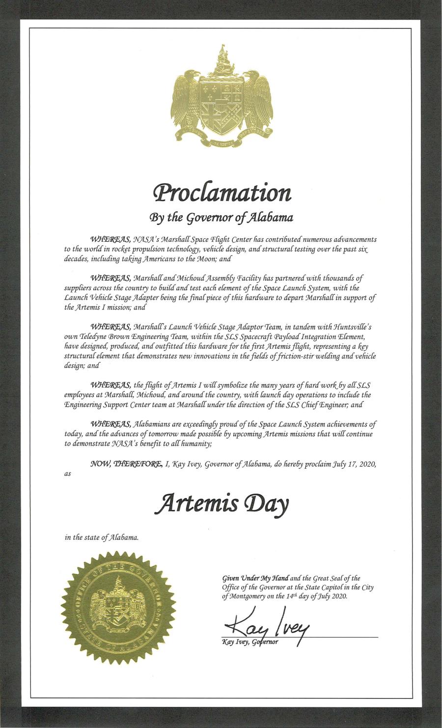 Artemis Day Alabama Gov. Ivey Proclemation