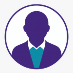 Gender-neutral professional icon in DistiNCtly Fayetteville’s brand colors, featuring a purple silhouette in a suit jacket with a teal shirt on a light background, symbolizing inclusivity and professionalism.