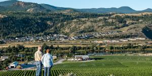 Owners of Harper's Trail Winery overlooking their vineyards.