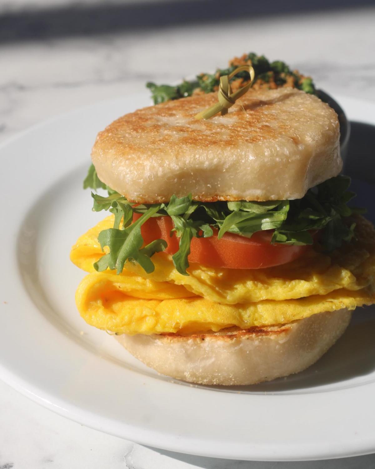 A close-up shot of a breakfast sandwich from The Grove.