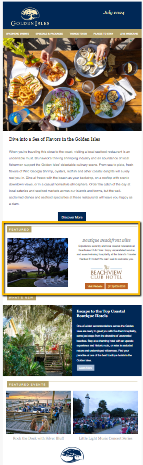 This is an example of the CVB's monthly leisure email template, including a co-op placement.
