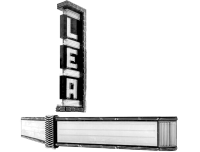 A black and white image of a vintage theater marquee. The vertical sign reads "LEA" in bold, neon-style letters.