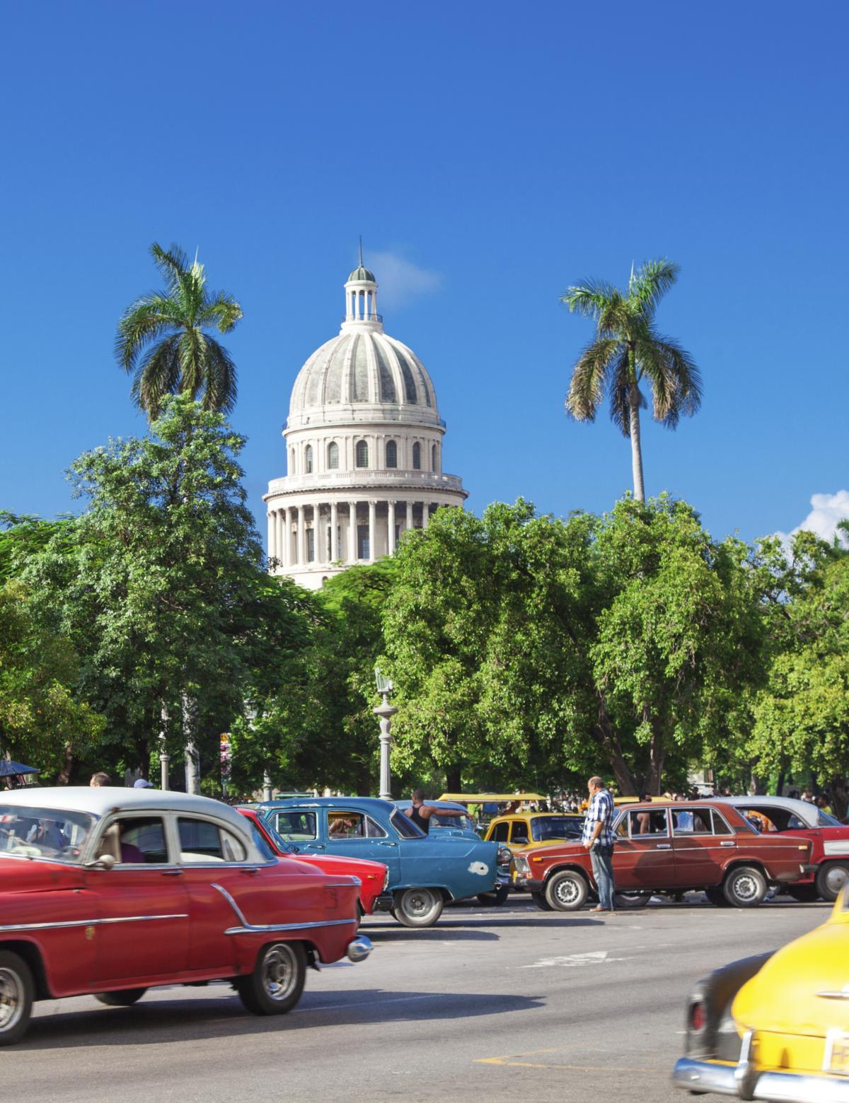 A bustling street in Havana, Cuba, filled with colorful vintage cars. The iconic Capitol building with its dome is visible in the background, and palm trees line the street.