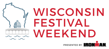 A logo that includes an outline of the state of Wisconsin with the Capitol building and Monona Terrace at the bottom and reads:Wisconsin Festival Weekend Presented by Ironman