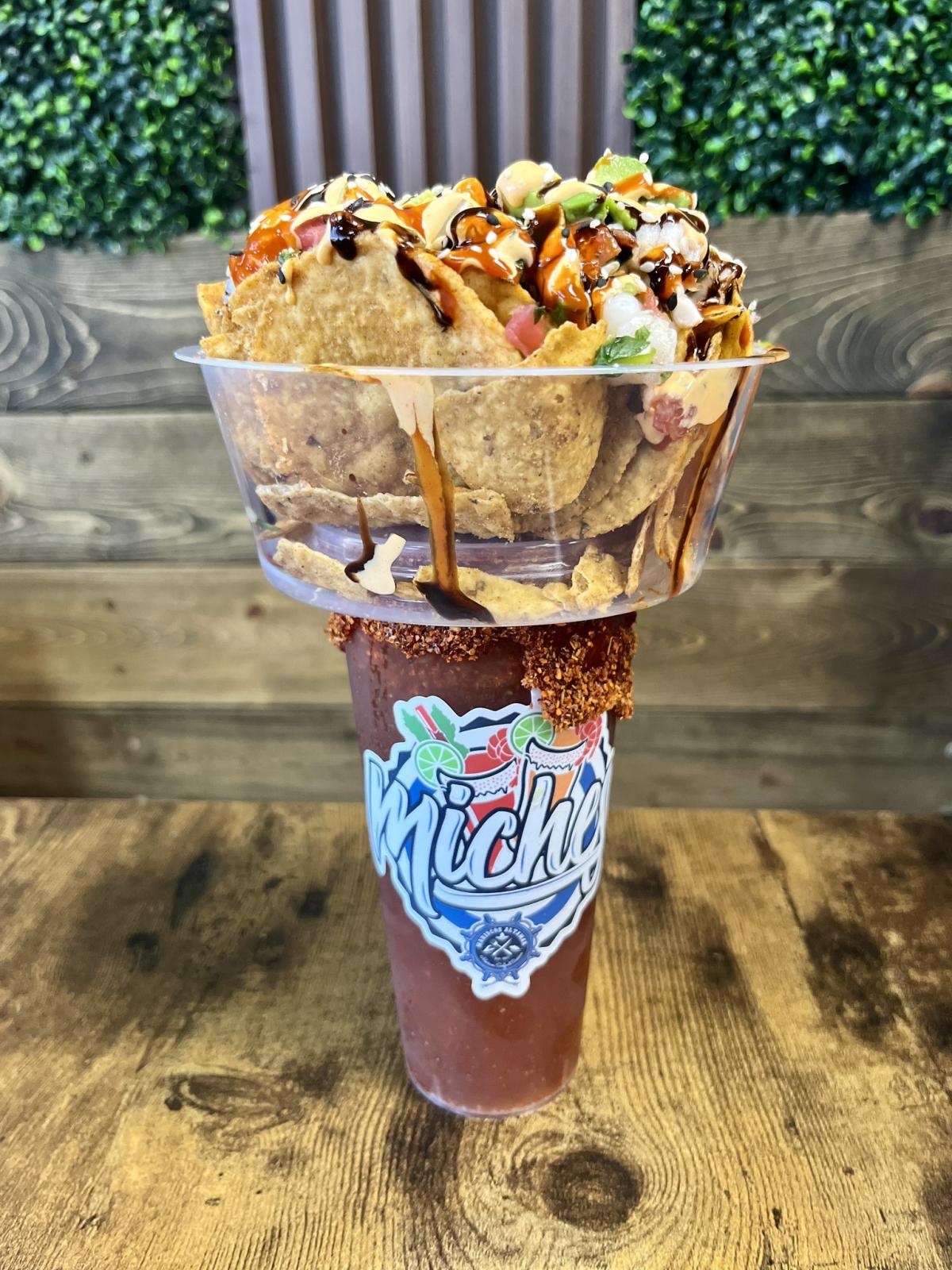 A michelada and food from Miches.