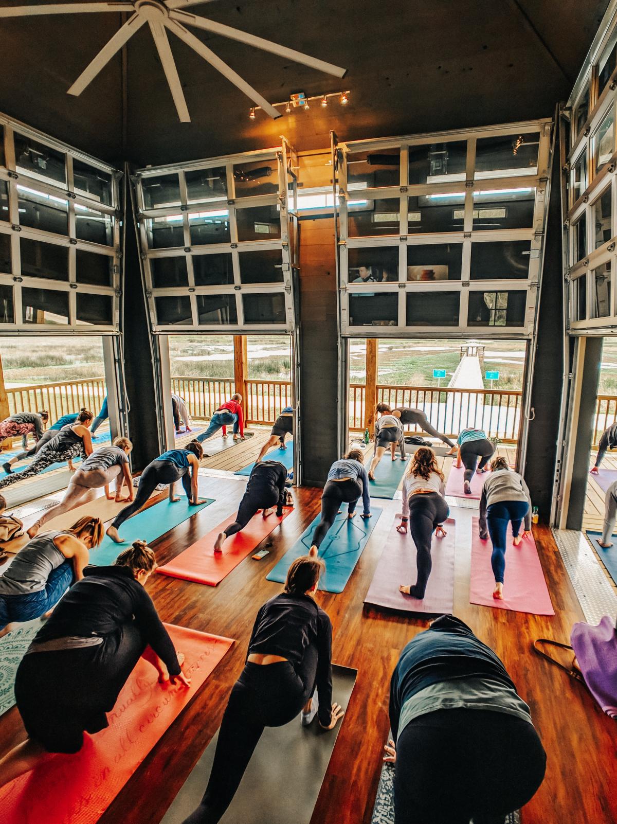 A group practices yoga during a class at Cattail Marsh Wetlands Education Center