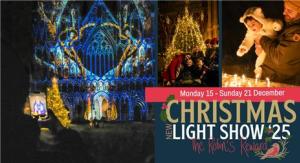 A collage of images promoting the Christmas Light Show '25 at Lichfield Cathedral, including one with a spectacular light show using the cathedral as a canvas.
