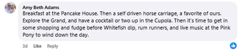 Facebook response to 1-Day Mackinac Island Itinerary, Pancake House